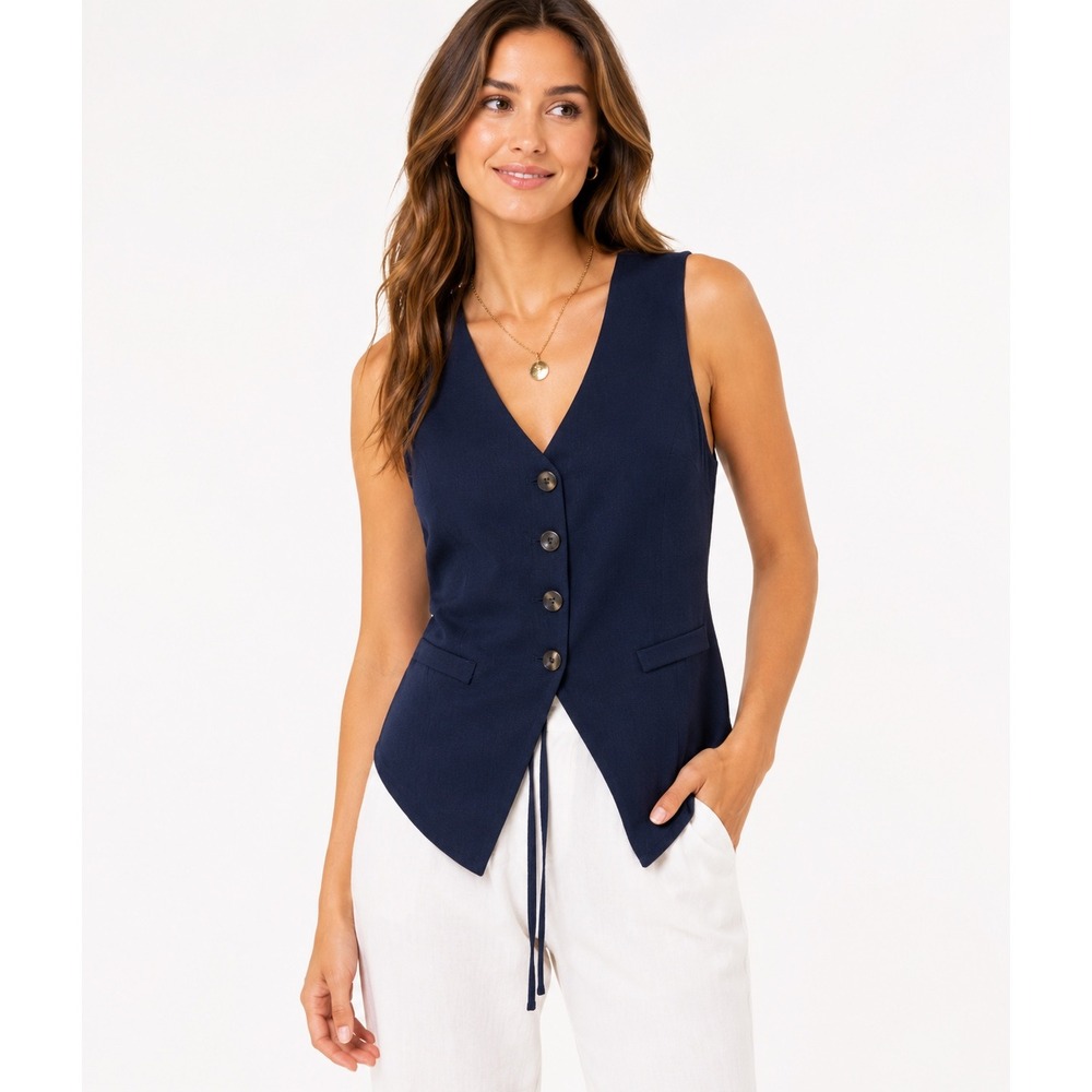 GLG Good Luck Gem Navy Blue Linen Blend Button Front Vest Top Small NWT
